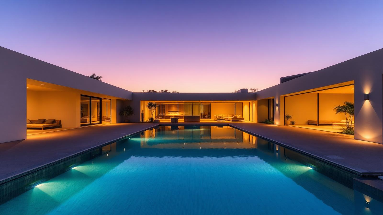 Piscina residencial iluminada ao entardecer instalada por parceiro Piscinow
